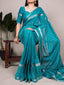 Firozi Designer Crepe Weaving Saree with Matching Unstitched Crepe Blouse – Elegant Traditional Wear ClothsVilla