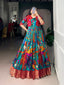 Firozi Tasar Silk Kalamkari Print Stitched Gown with Zari Weaving Koti – Full Flair Party Wear Gown Set for Women ClothsVilla
