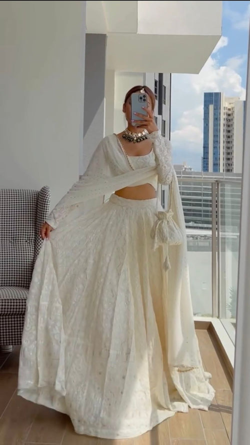 Glimmering White Designer Lehenga Sequenced Elegance for your Wedding Day ClothsVilla