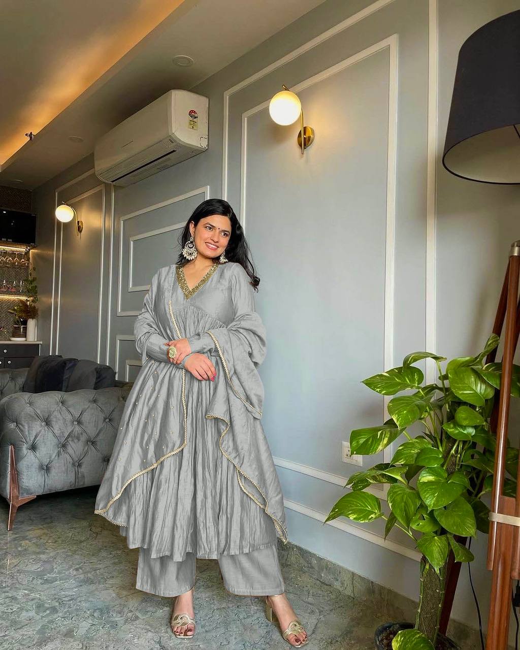 Gray Elegant Party Wear Alia Cut Anarkali Gown Set with