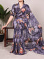 Gray Floral Printed Weightless Marble Saree with Lace Border & Matching Blouse ClothsVilla