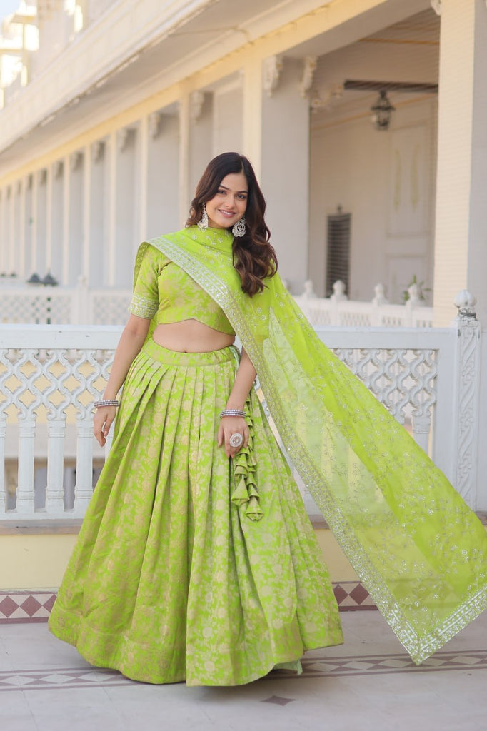 Green Dazzling Designer Dyeable Pure Viscose Jacquard Lehenga Choli Set with Sequins Embroidery ClothsVilla