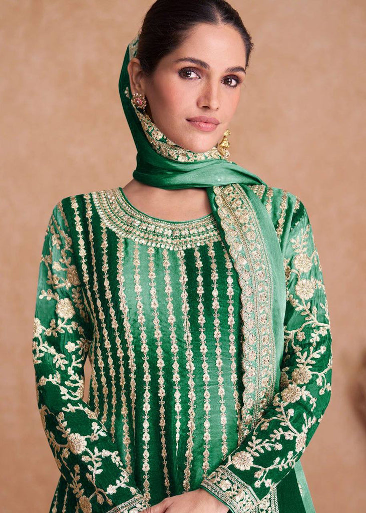 Green Pakistani Outfit Wear Sharara Dress For Women Wedding Gharara Salwar Kameez With Embroidered Dupatta Bridesmaid's Wear Sharara Suit's ClothsVilla