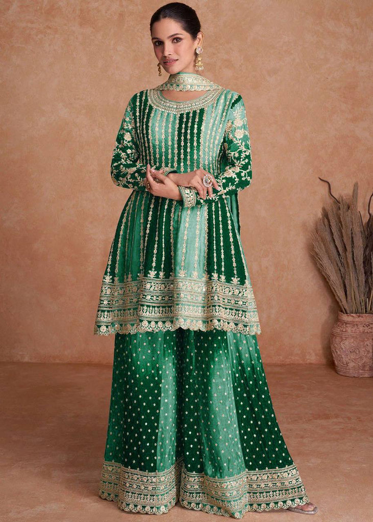 Green Pakistani Outfit Wear Sharara Dress For Women Wedding Gharara Salwar Kameez With Embroidered Dupatta Bridesmaid's Wear Sharara Suit's ClothsVilla