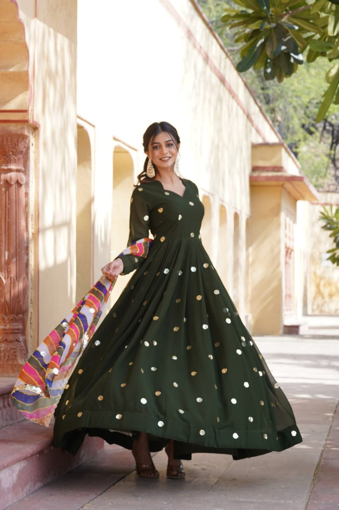 Green Premium Designer Readymade Gown with Embroidered Zari & Sequins ClothsVilla