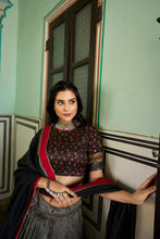 Load image into Gallery viewer, Grey Tussar Silk Lehenga Choli with Stunning Kashmiri Foil Print - Perfect for Weddings &amp; Festivals ClothsVilla