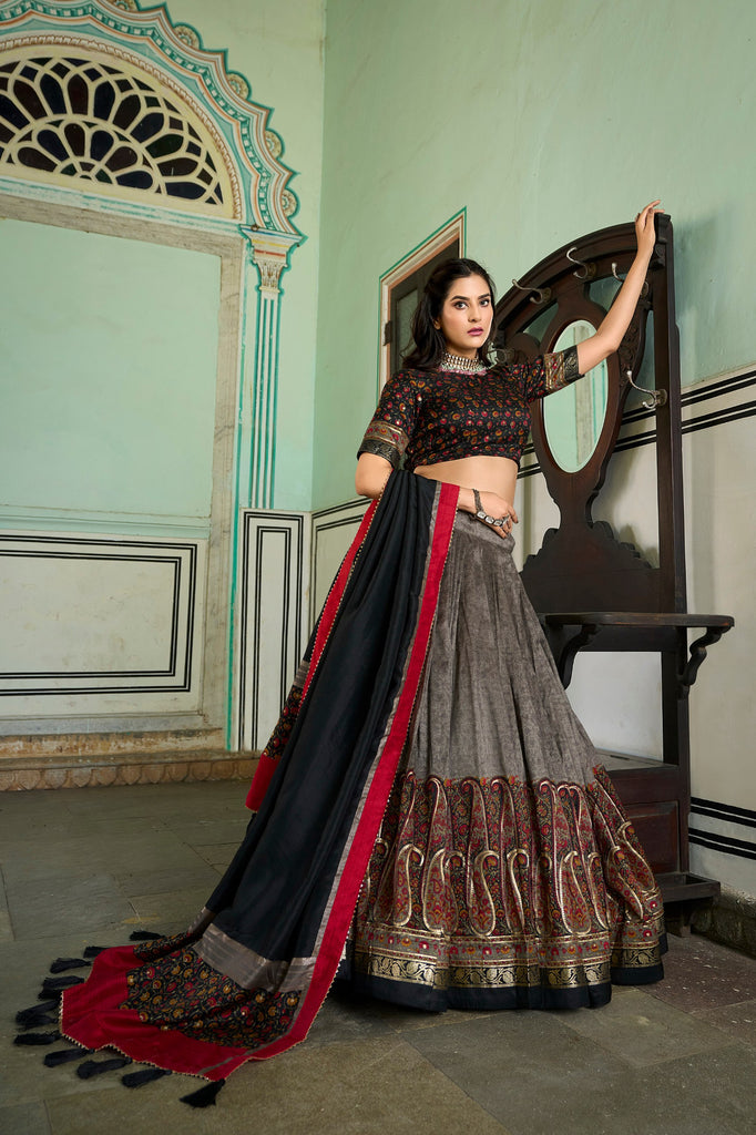 Grey Tussar Silk Lehenga Choli with Stunning Kashmiri Foil Print - Perfect for Weddings & Festivals ClothsVilla