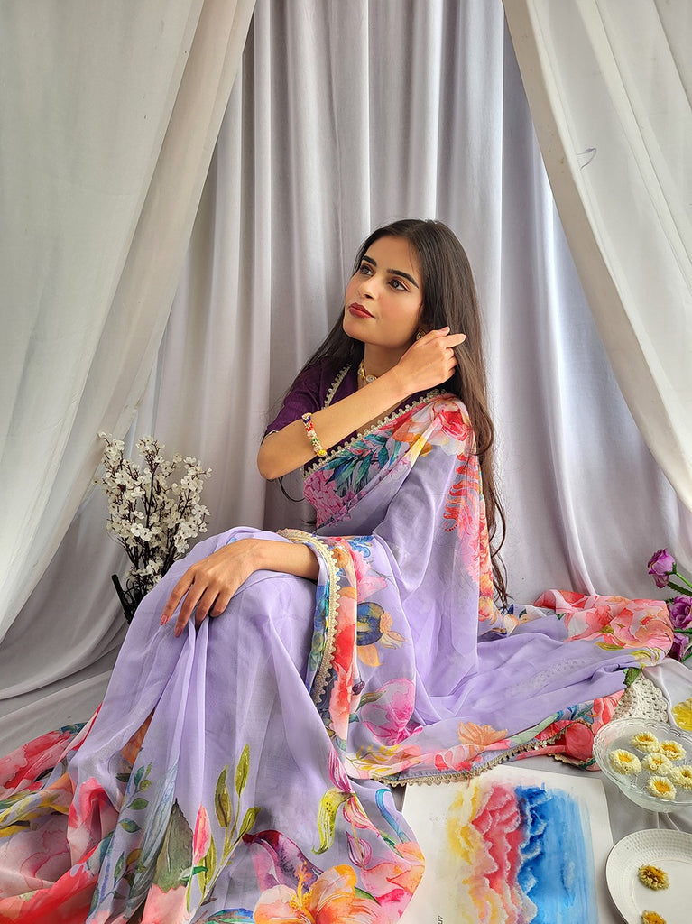 Lavender Color Floral Printed Georgette Saree with Sequins and Lace ClothsVilla