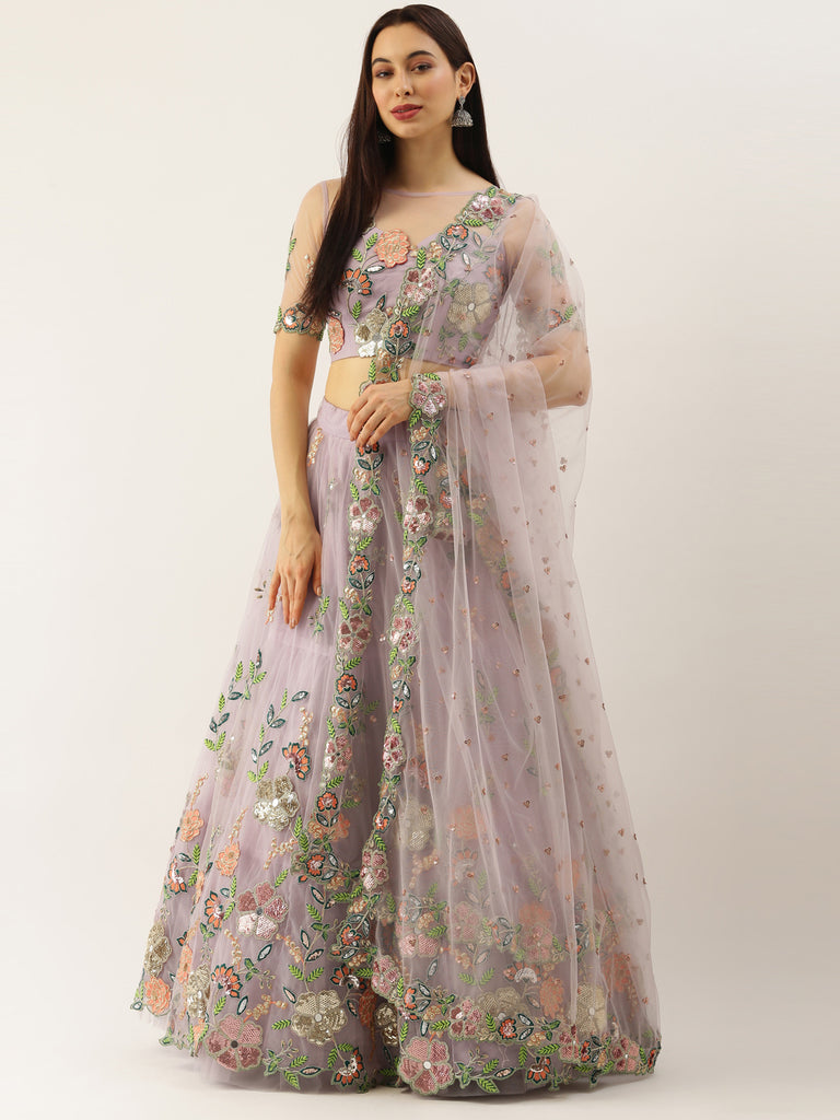 Lavender - Net Embroidered Sequence Semi-Stitched Lehenga ClothsVilla