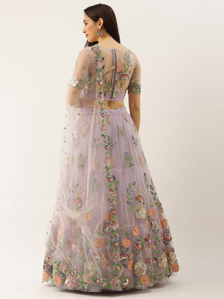 Lavender - Net Embroidered Sequence Semi-Stitched Lehenga ClothsVilla