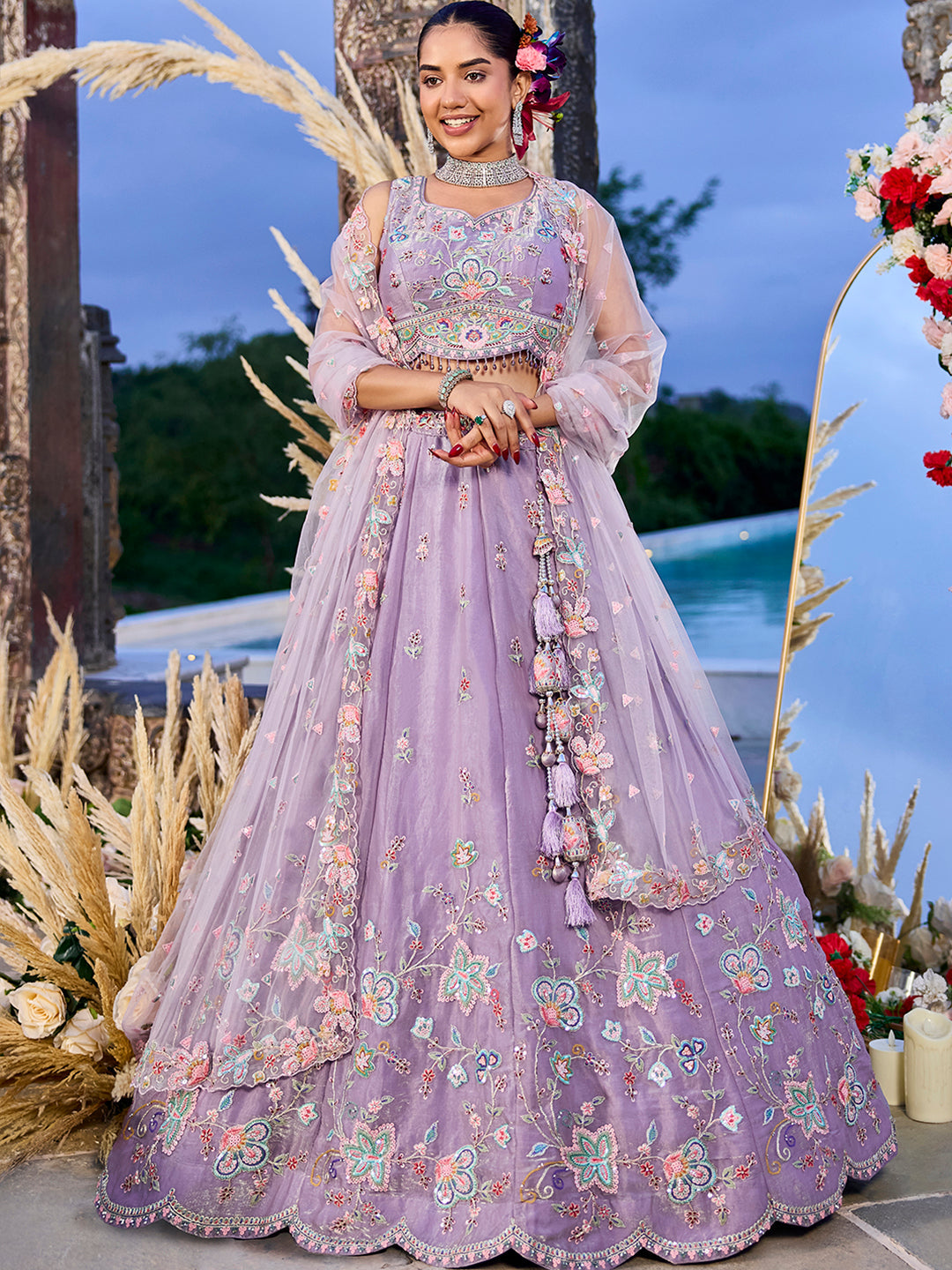 Lavender Satin Silk Sequin & Embroidery Lehenga Choli with Net Dupatta – Fully Stitched