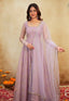 Lavender Soft Organza Hand-Embroidered Gown Set with Full Sleeves, Cotton Lining, Micro Cotton Pants & Matching Dupatta ClothsVilla
