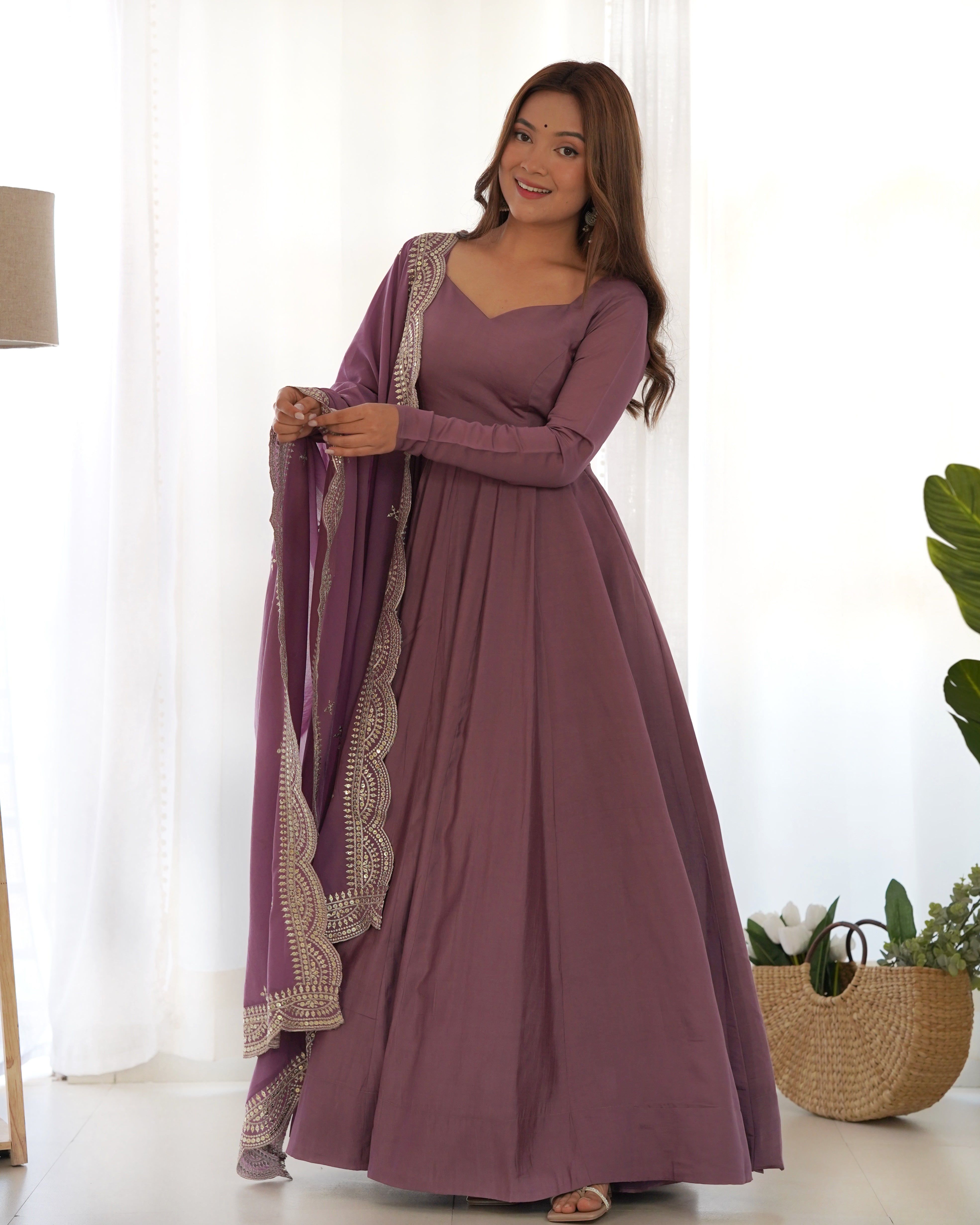 Light Purple Premium Quality Pure Romansilk Chanderi Anarkali Gown with Dupatta & Pant Set - Ready to Wear XXL