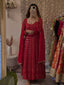 Maroon Designer Faux Blooming Embroidered Gown Set with 3mm Sequins, Zari Work, Matching Pant & Faux Georgette Dupatta – Fully Stitched Festive & Party Wear ClothsVilla