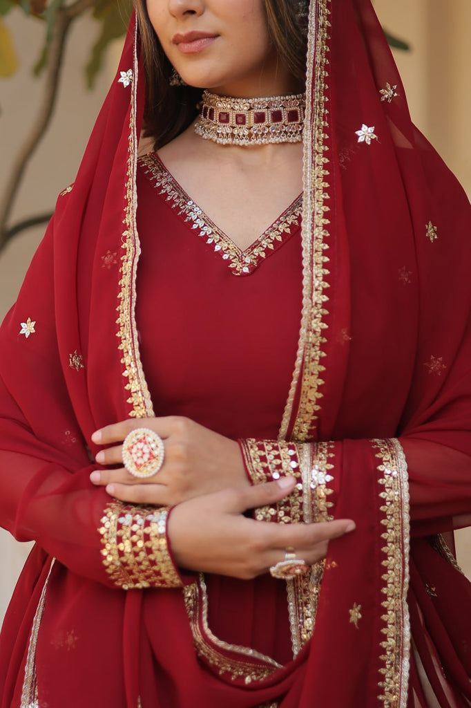 Maroon Sparkling Faux Blooming Gown with Embroidered Sequins & Designer Lace Dupatta ClothsVilla