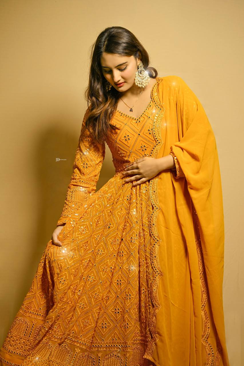 Masterd Yellow Premium Readymade Anarkali Suit Set –Faux Blooming with Heavy Sequins & Thread Embroidery XXXL