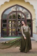Load image into Gallery viewer, Mehendi Green Stunning Faux Georgette Gown Dupatta Collection in Vibrant Colors ClothsVilla