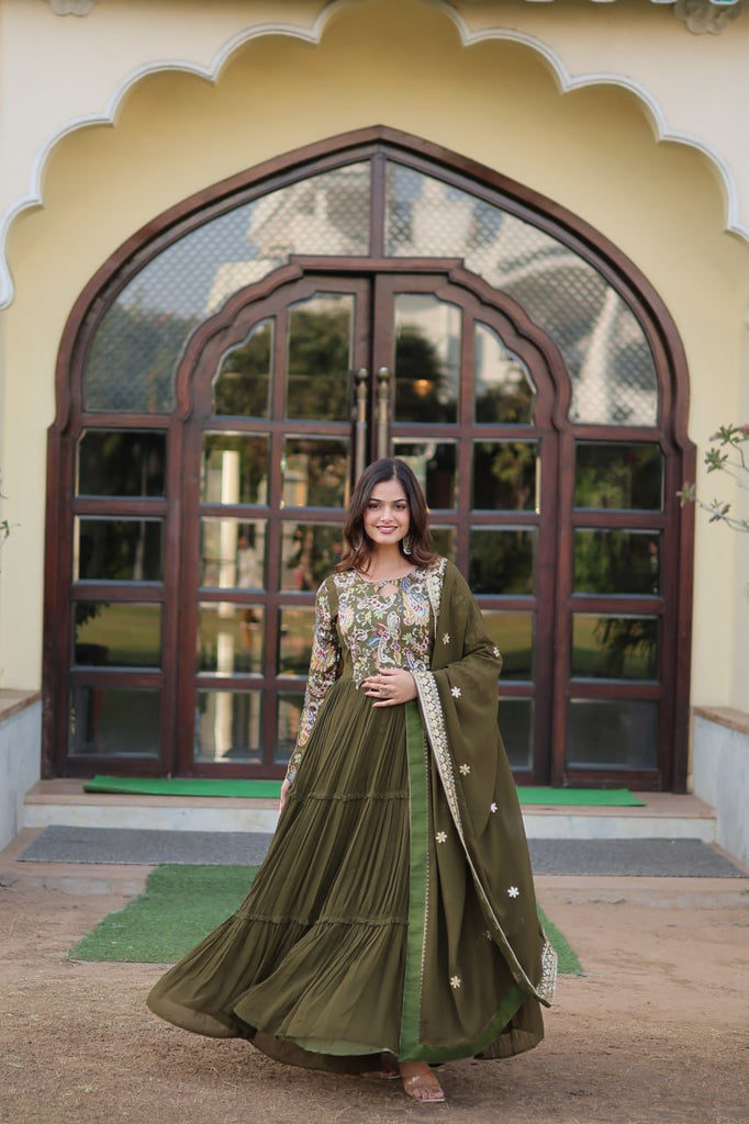 Mehendi Green Stunning Faux Georgette Gown Dupatta Collection in Vibrant Colors ClothsVilla