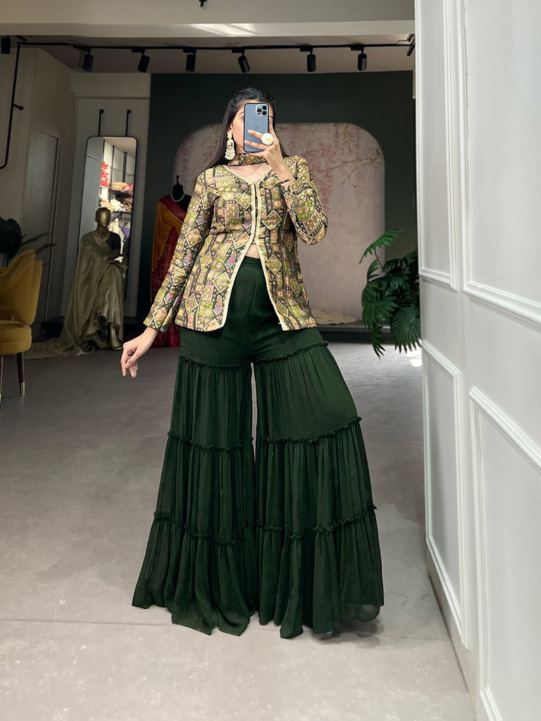 Mehendi Green Viscose Jacquard Kurta Palazzo Set with Weaving Work and Printed Detailing ClothsVilla