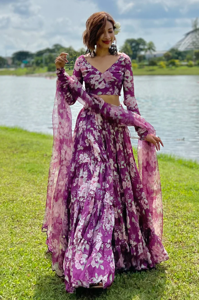 Purple Floral Printed Lehenga Choli with ruffled stitch pattern ClothsVilla