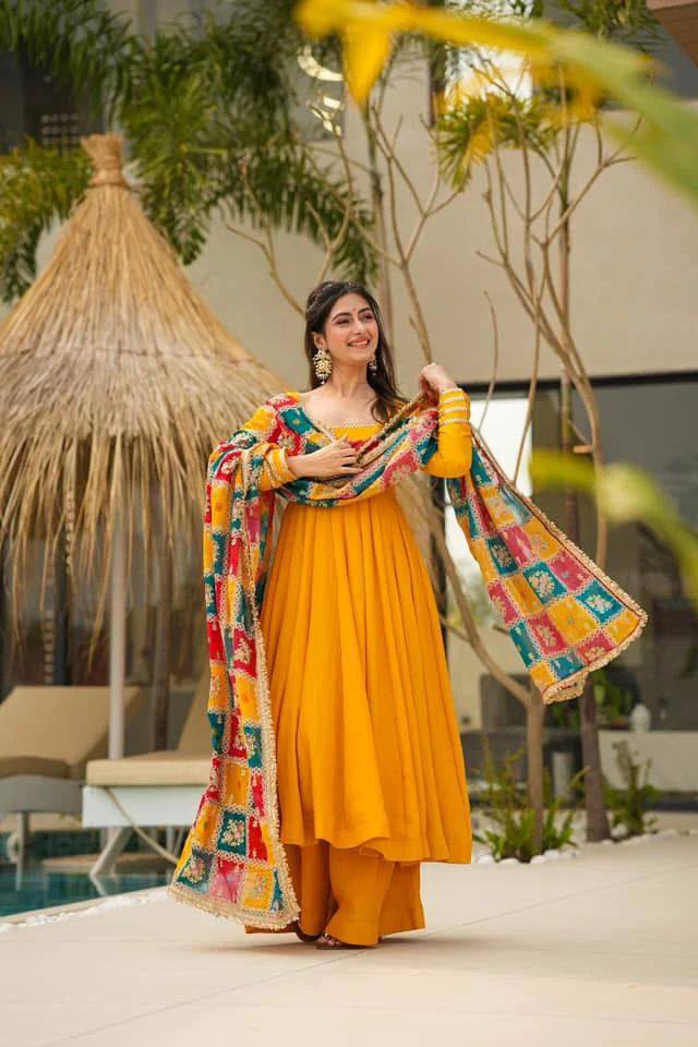 mustard yellow dress combination Mustard Elegant Chinon Silk Gown Set with Dupatta 3XL