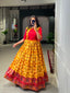 Mustard Elegant Ready-to-Wear Patola Paithani Print Gown – Dola Silk with Foil Work