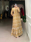 Mustard Printed Georgette Flowy Gown with Full Cotton Lining – Lightweight Elegance