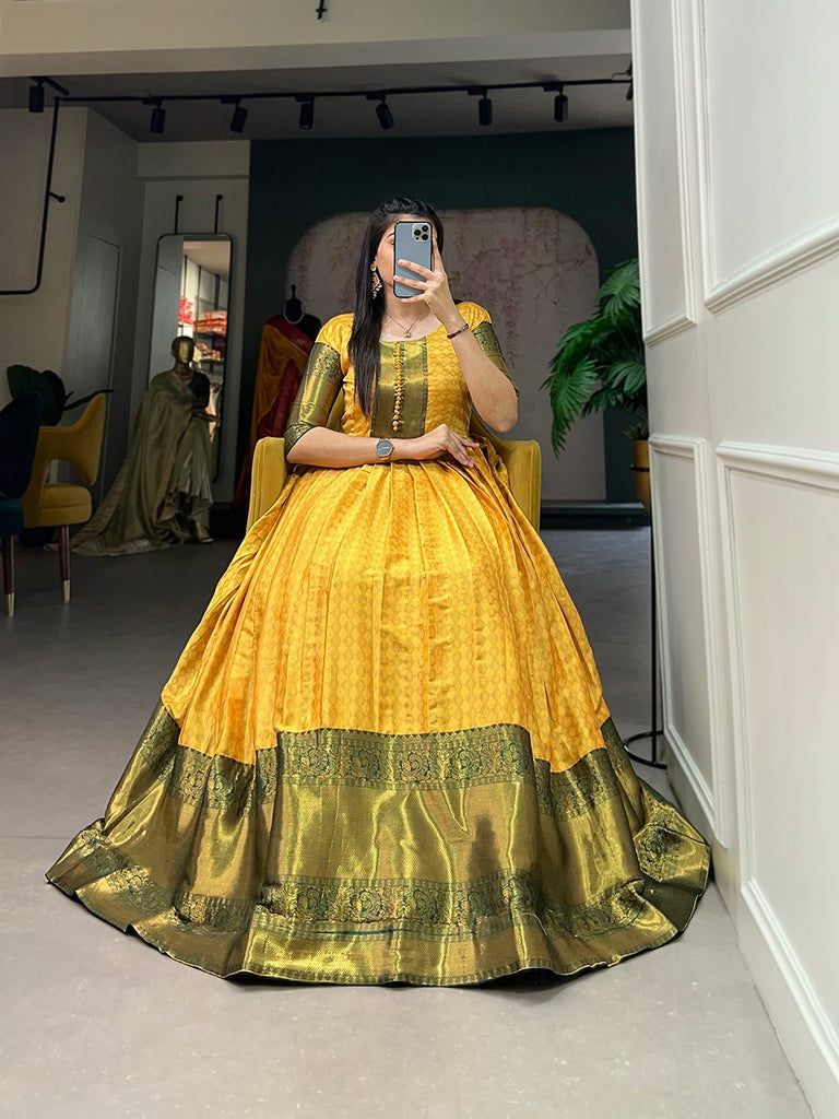 Mustard Self-Design Aura Zari Weave Gown Dress ClothsVilla