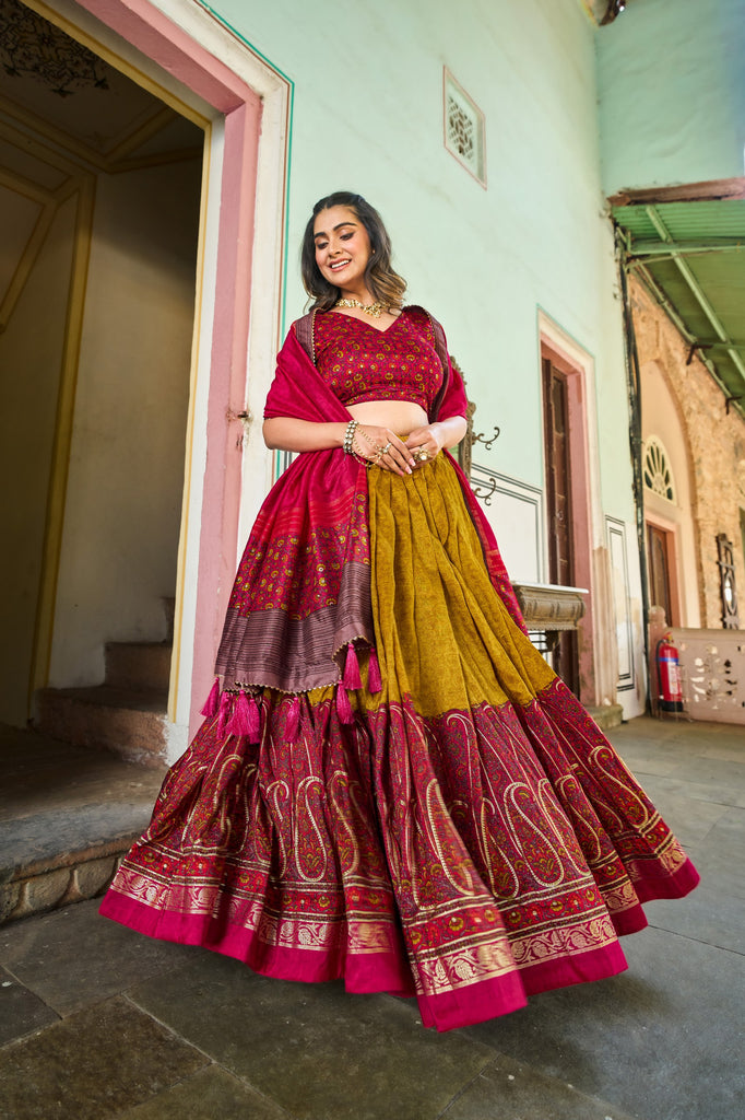 Mustard Tussar Silk Lehenga Choli with Stunning Kashmiri Foil Print - Perfect for Weddings & Festivals ClothsVilla