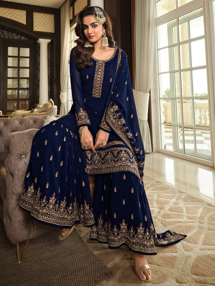 Navy Blue Eid Wear Designer Shalwar Kameez Palazzo Suits Heavy Embroidery Worked Pakistani Indian Wedding Wear Beautiful Salwar Kameez Dupatta Dresses