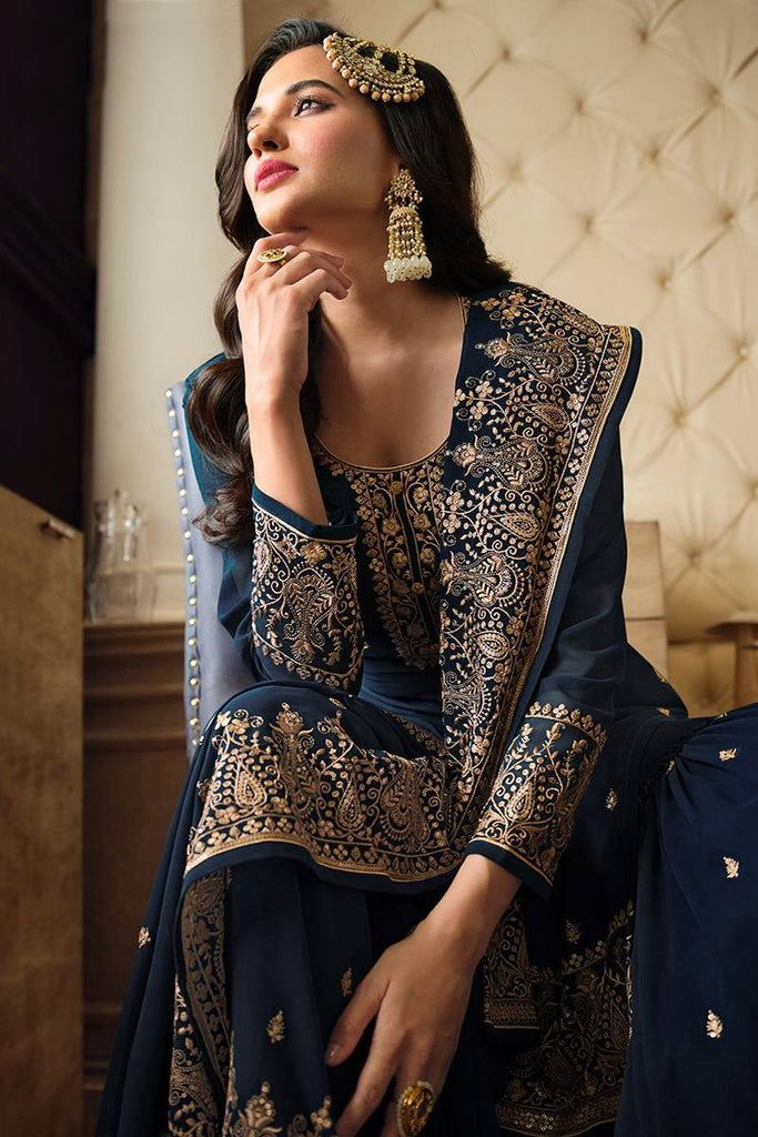Navy Blue Embroidered Georgette Pakistani Suit