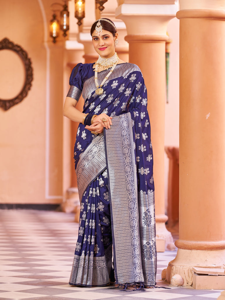 Marvelous Navy Blue Pure Banarasi Silk Saree with Magnetic Blouse Piece ClothsVilla