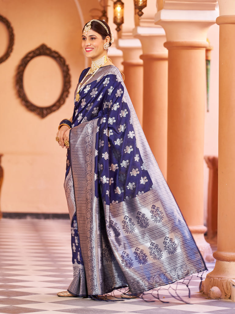 Marvelous Navy Blue Pure Banarasi Silk Saree with Magnetic Blouse Piece ClothsVilla