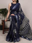 Navy Blue Silk Floral Printed Saree ClothsVilla
