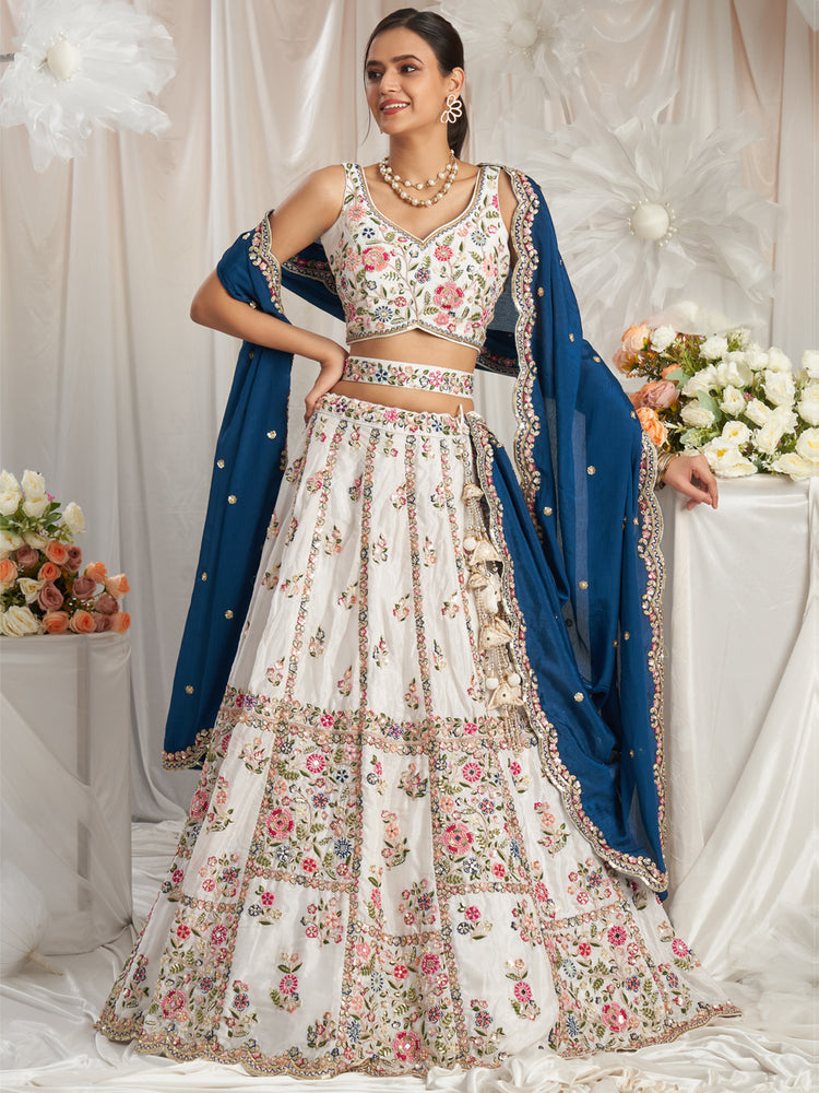Navy Blue White Georgette Moti, Sequins embroidery Semi-Stit