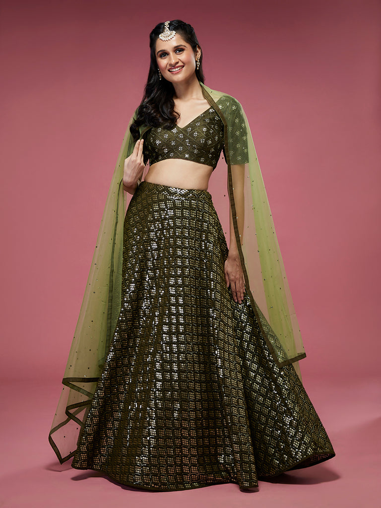 Olive Georgette Sequinse Embroidered Semi-Stitched Lehenga & Blouse with Dupatta Clothsvilla