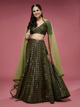 Load image into Gallery viewer, Olive Georgette Sequinse Embroidered Semi-Stitched Lehenga &amp; Blouse with Dupatta Clothsvilla