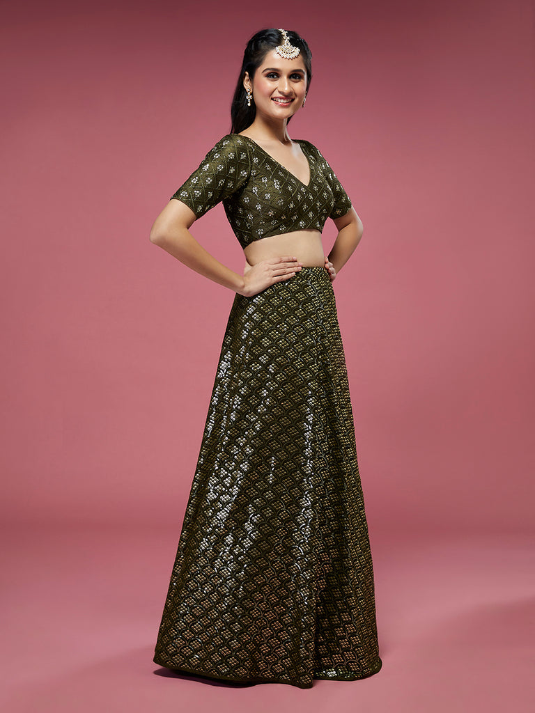Olive Georgette Sequinse Embroidered Semi-Stitched Lehenga & Blouse with Dupatta Clothsvilla