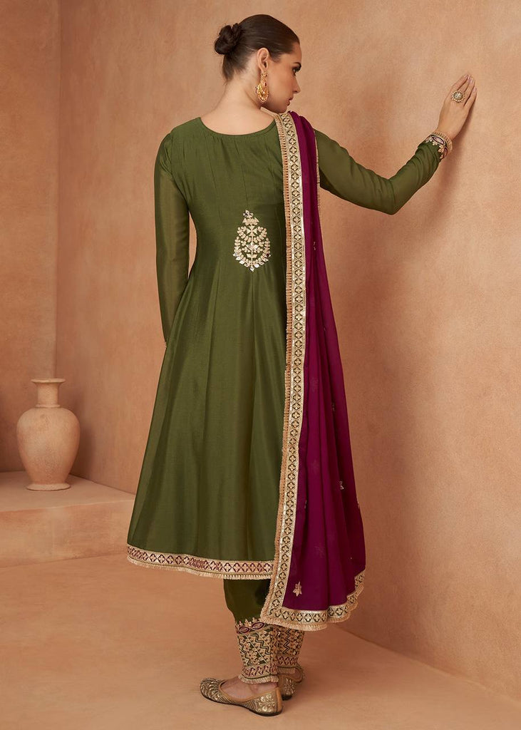 Olive Green Embroidered Chinon Suit Set with Dupatta ClothsVilla