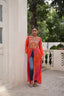 Orange Bandhani Print Faux Georgette Kurti with Kutchi Patchwork ClothsVilla