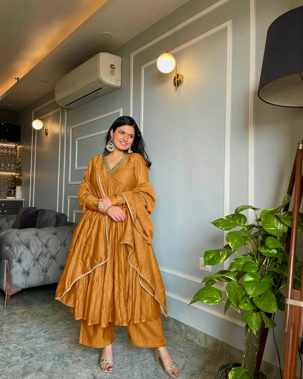 Orange Elegant Party Wear Alia Cut Anarkali Gown Set