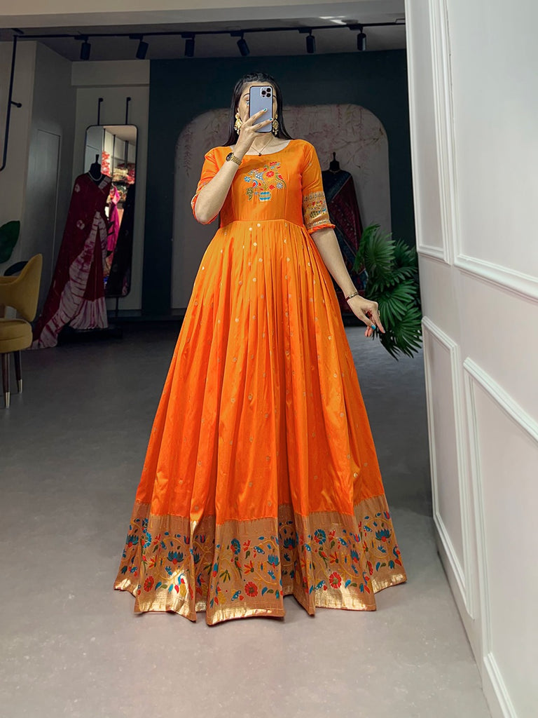 Orange Jacquard Silk Paithani Gown ClothsVilla