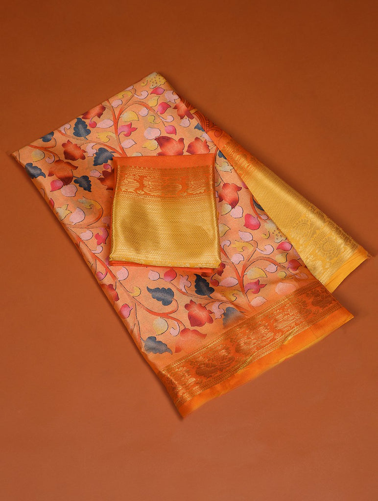 Orange Printed Dola Silk Saree Set for Weddings & Special Occasions ClothsVilla