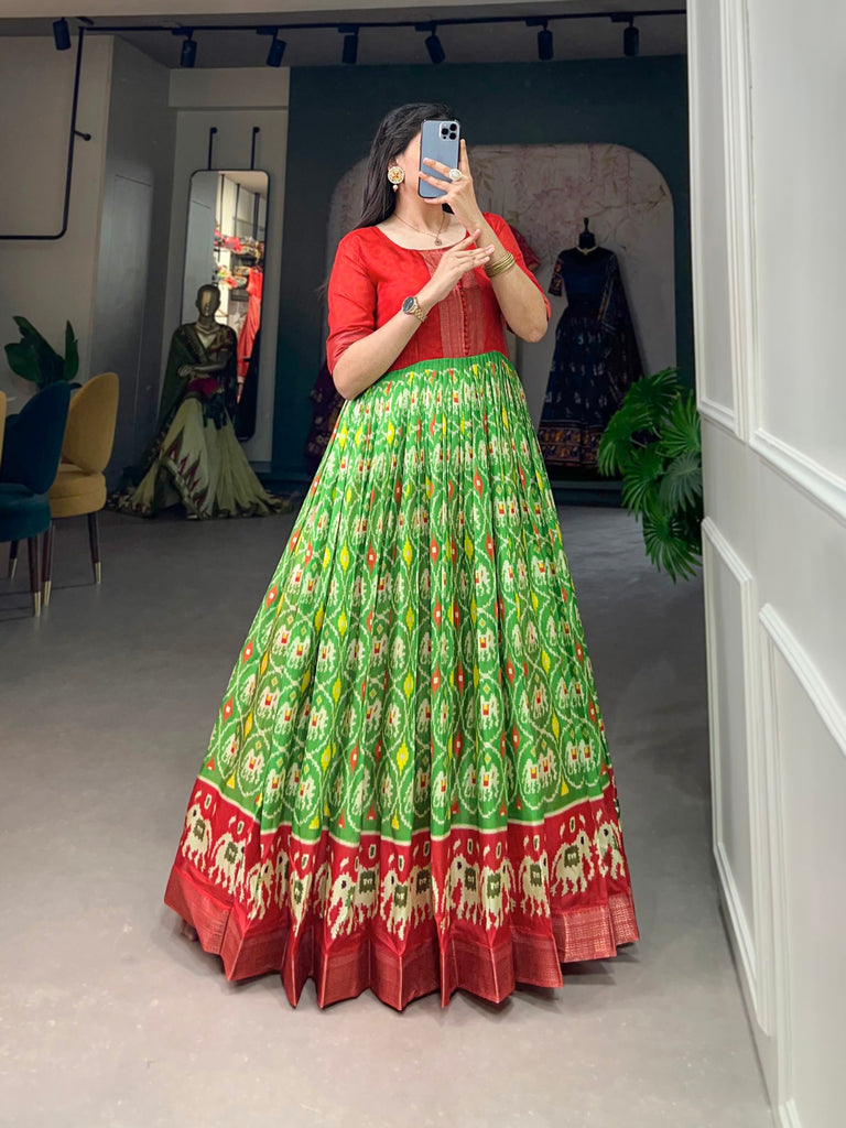 Parrot Green Dola Silk Printed Gown - Embrace Elegance and Comfort ClothsVilla