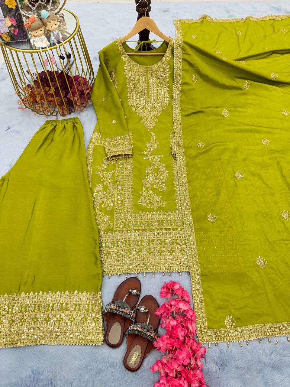 Parrot Green Premium Designer Readymade Top, Palazzo & Dupatta Set Party Wear - M Parrot Green Premium Designer Readymade Top, Palazzo & Dupatta Set Party Wear - M