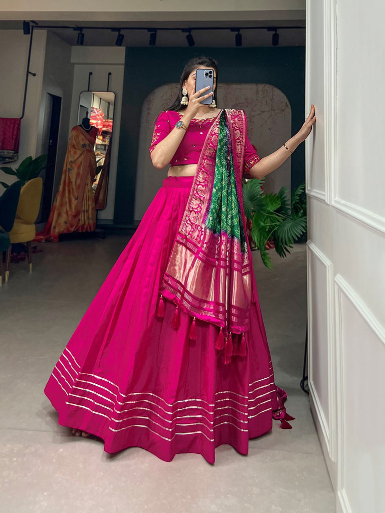 Pink Color Pure Cotton Lehenga & Gaji Silk Dupatta Set with Gota & Mirrorwork ClothsVilla