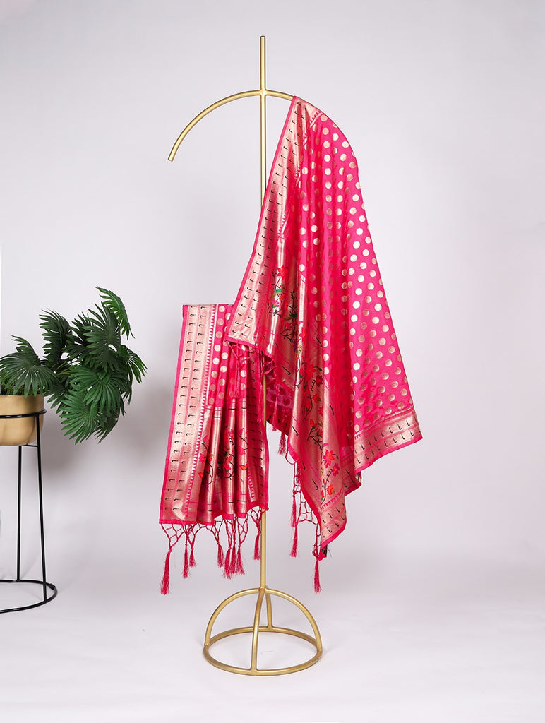 Pink Color Weaving Zari Work Jacquard Paithani Dupatta With Tassels Clothsvilla