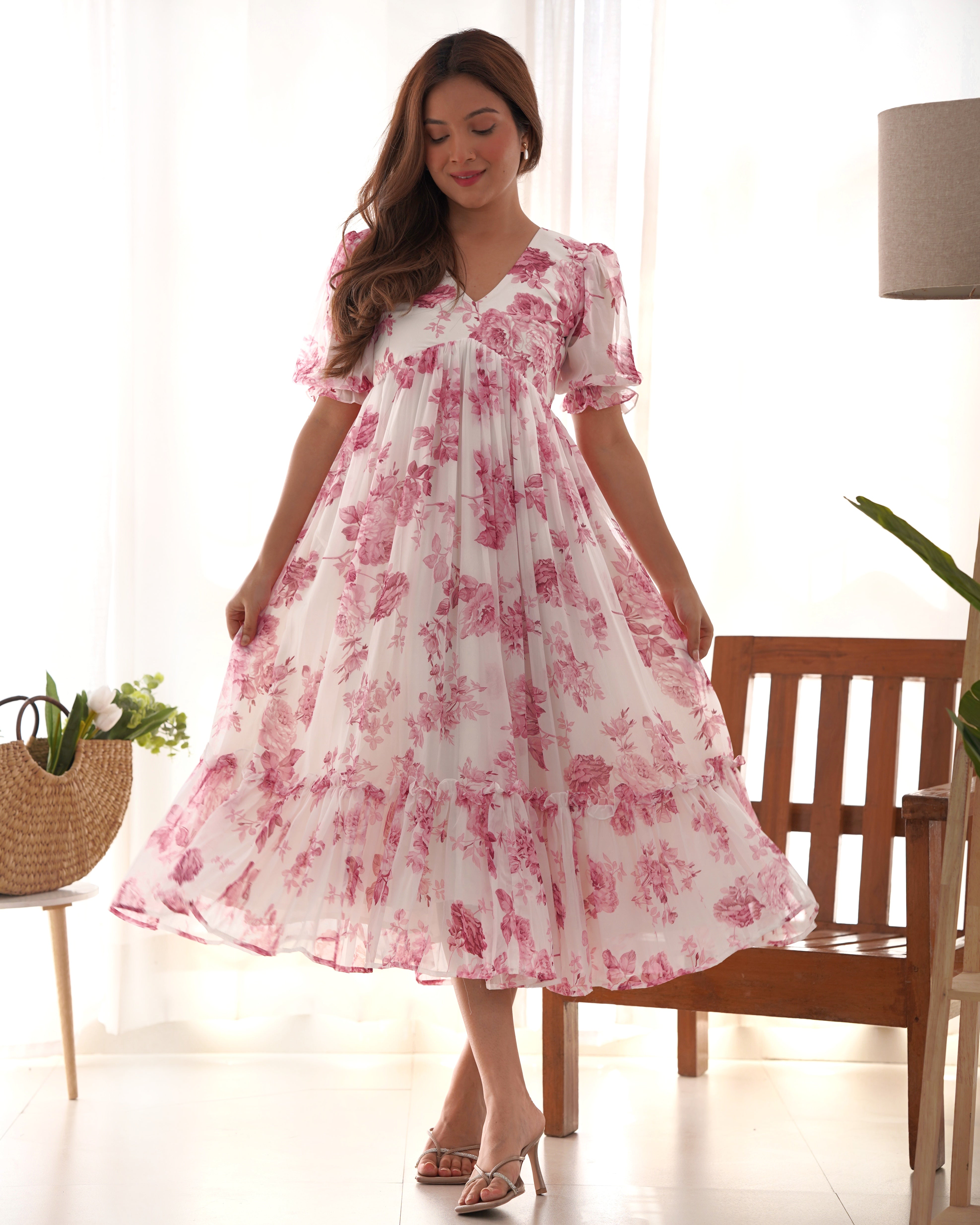 Pink Elegant Floral Print Soft Georgette One-Piece Dress – Fully Stitched Ready to Wear XS