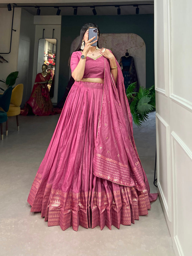 Pink Pure Chanderi Lehenga Choli Set with Zari Border & Sequin Dupatta ClothsVilla