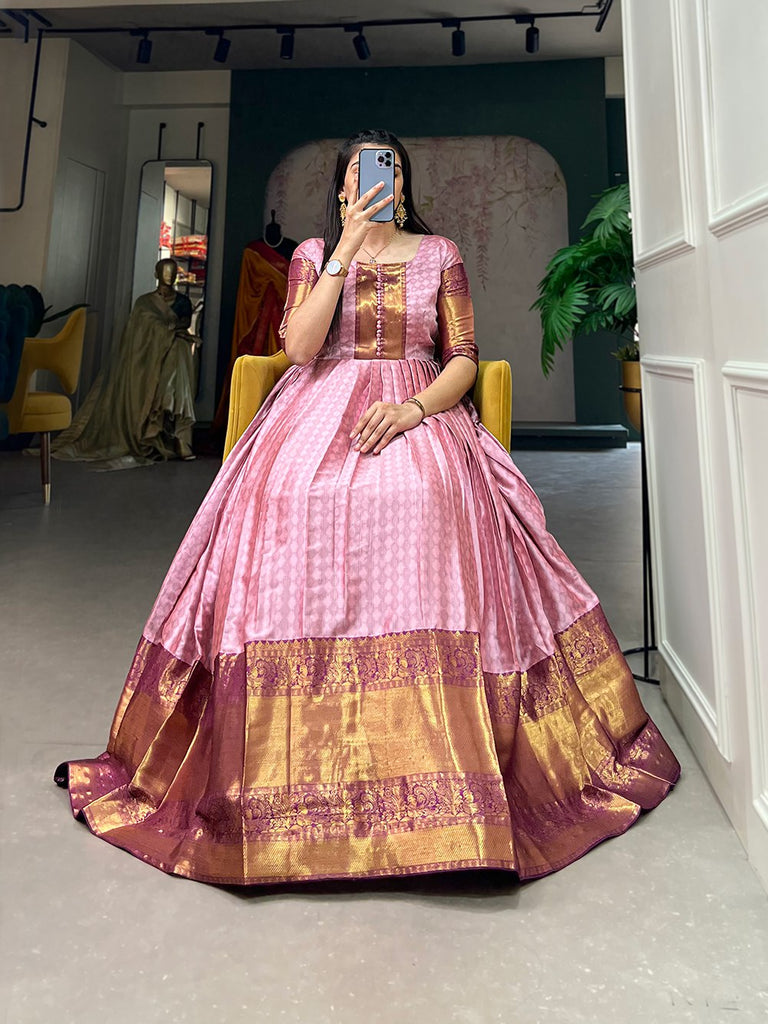 Pink Self-Design Aura Zari Weave Gown Dress ClothsVilla